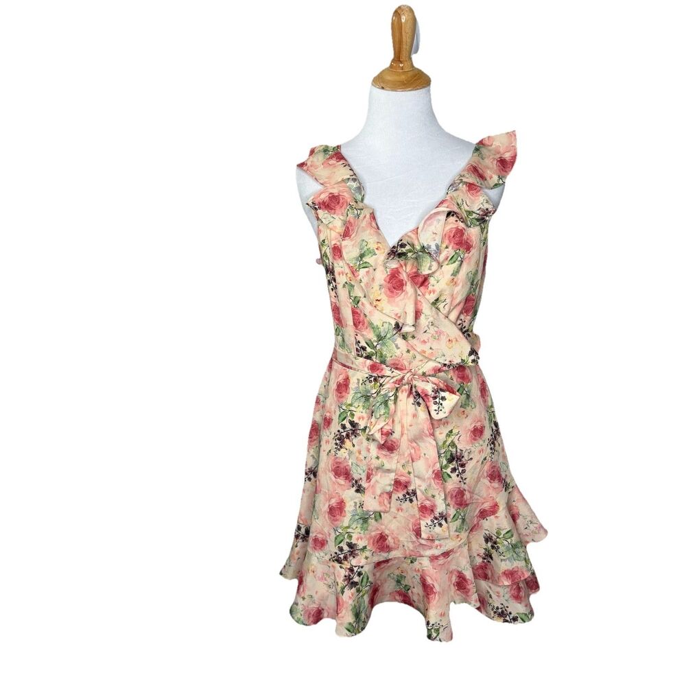 Amelie Floral Pink Peach V neck Ruffle Mini Belted Dress Size Small measurements